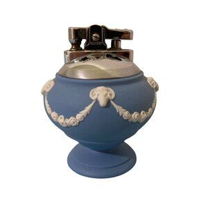Mid Century Ronson Wedgwood Table Lighter Rams on Blue Jasperware